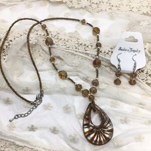 Fashion Boho Brown and Gold Glass Statement Necklace and Dangle Earring Set